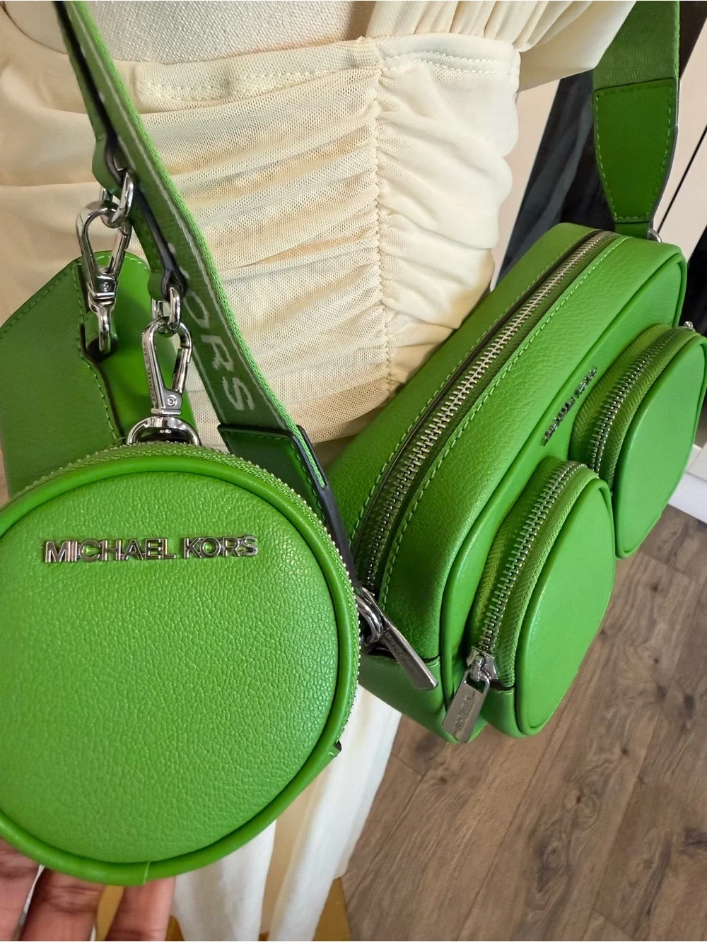 Michael Kors Apple Green Pebble Leather Crossbody Camera Bag with Branded Strap